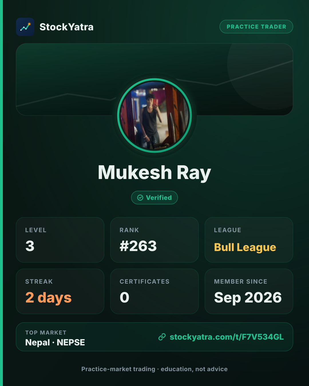 Mukesh Ray's StockYatra profile card