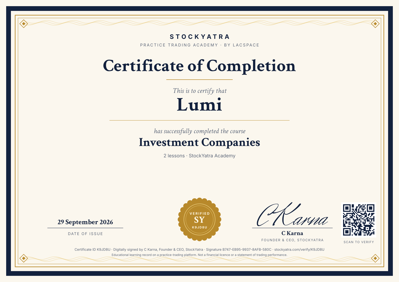 Lumi's StockYatra profile card